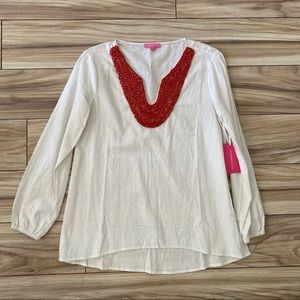 Isaac Mizrahi White Linen Blend Beaded V-neck Tunic Size S